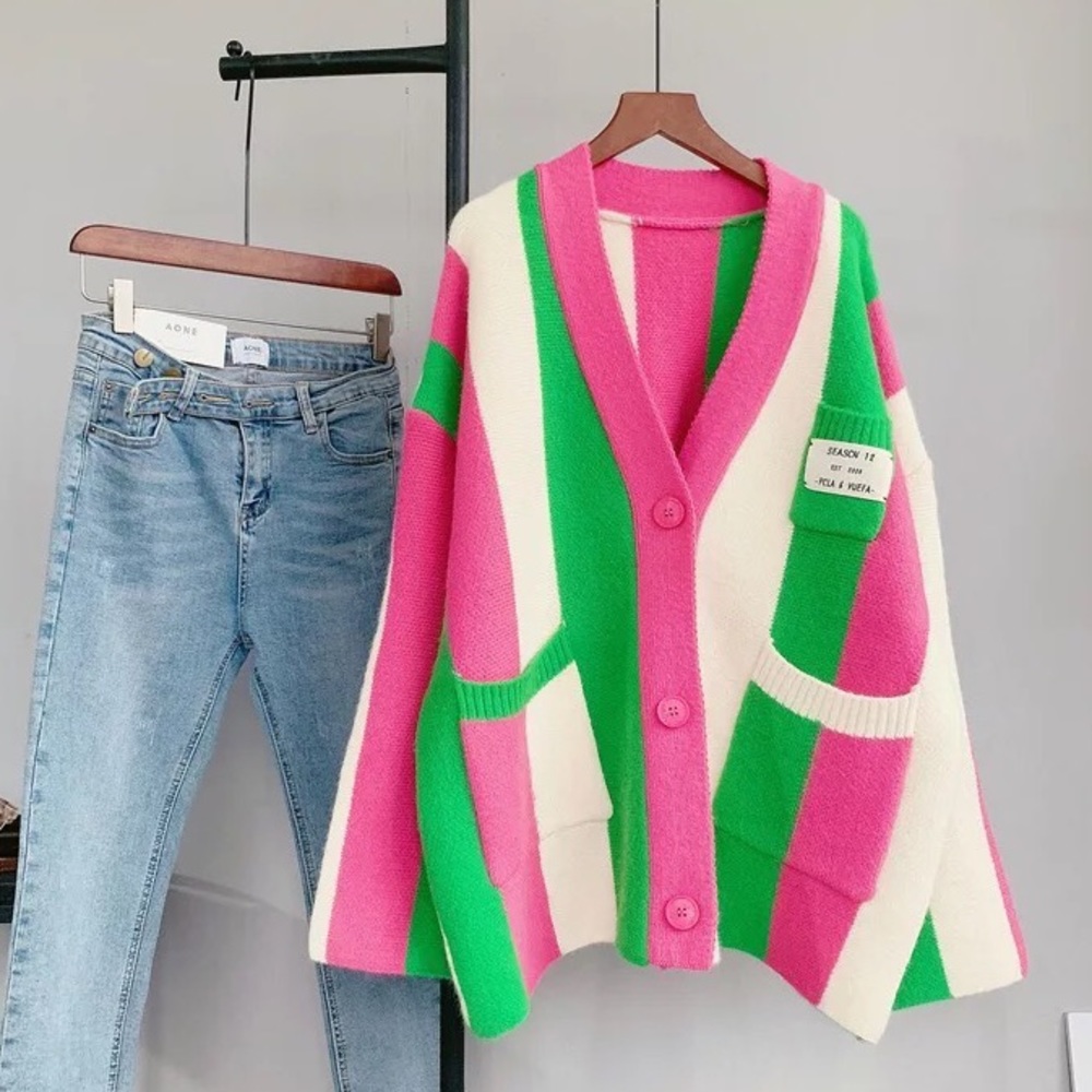 Stripe cardigan pink wide sleeve pocket sweater